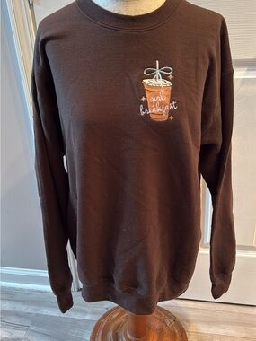 Brown 'Girl Breakfast' Embroidered Crewneck Sweater